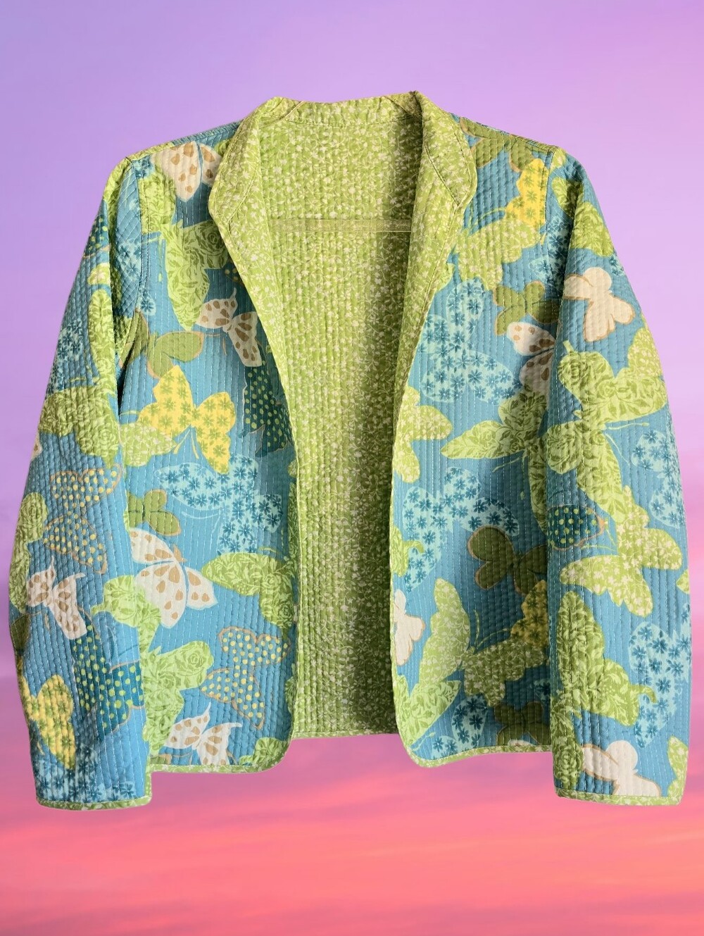 🦋90's Reversible Quilted Butterfly Lightweight Lime Green Baby Blue Jacket 🦋